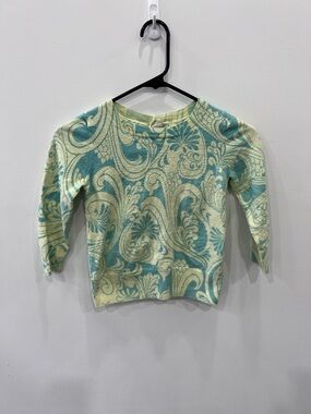 Mini Boden Girls Teal Paisley Knit Top Back Button Sweater Size 5-6Y Boho